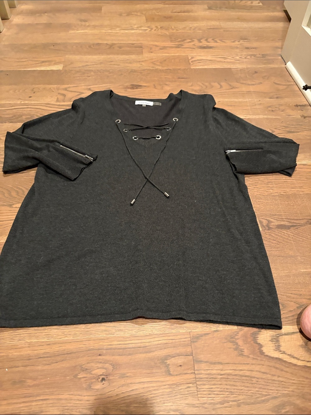 Calvin Klein Charcoal Gray Lace-Up V-Neck Pullover